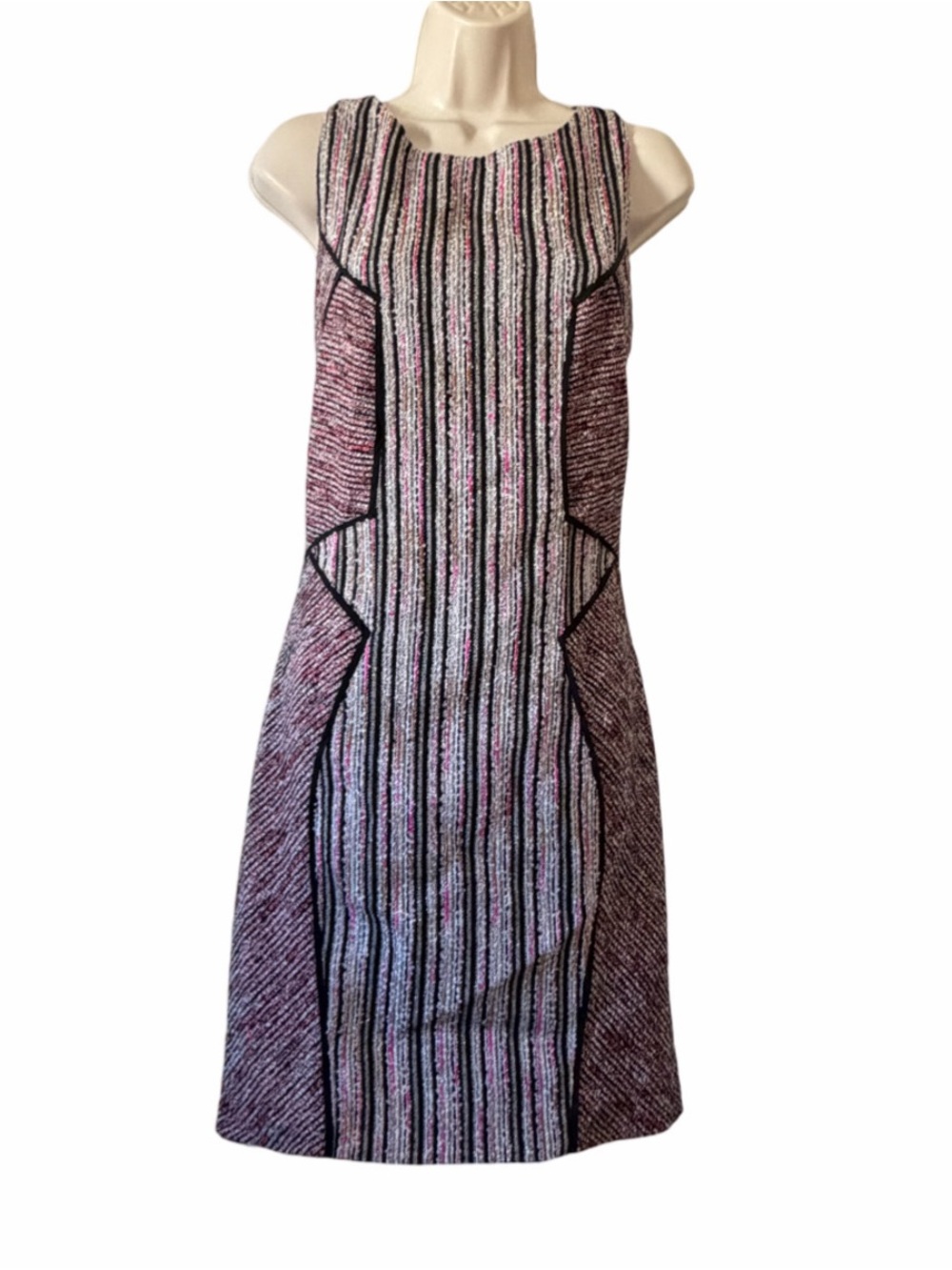 Rebecca Minkoff Pink and Black Tweed Striped Midi Sheath Dress